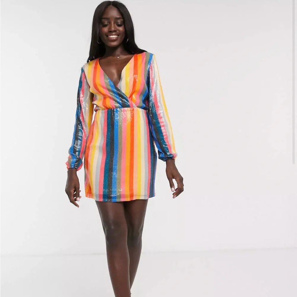 Rainbow Sequin Multicolor Striped Long Sleeve Dress - Picture 1 of 5